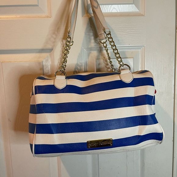 Betsey Johnson white and Bleu stripes Satchel with large red bow accent . - Picture 10 of 10